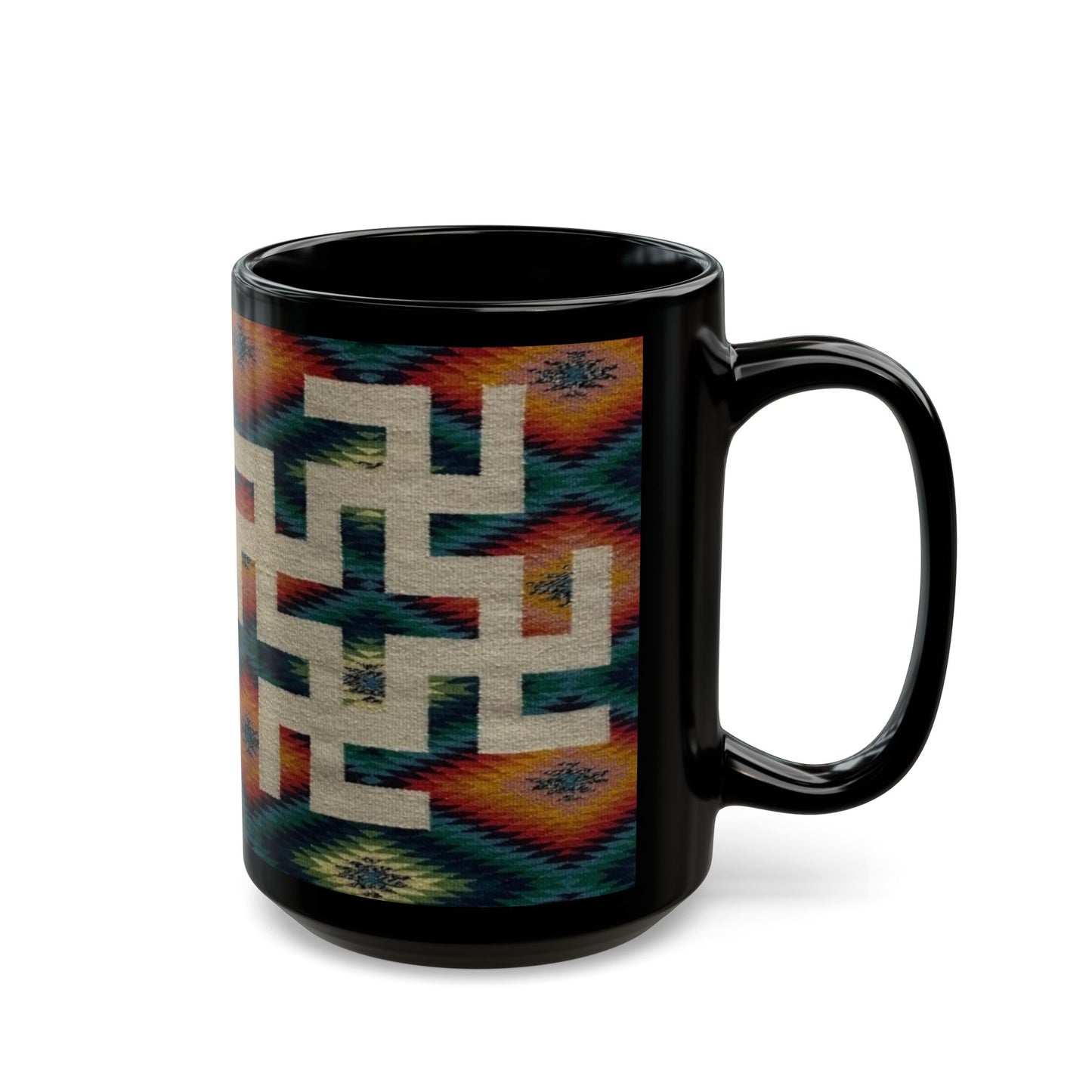 Yei Stylish Black Mug with Tribal Design, Perfect for Coffee Lovers, Gifts for Him/Her, Boho Home Decor, Unique Tea Mug, Customizable Drinkware