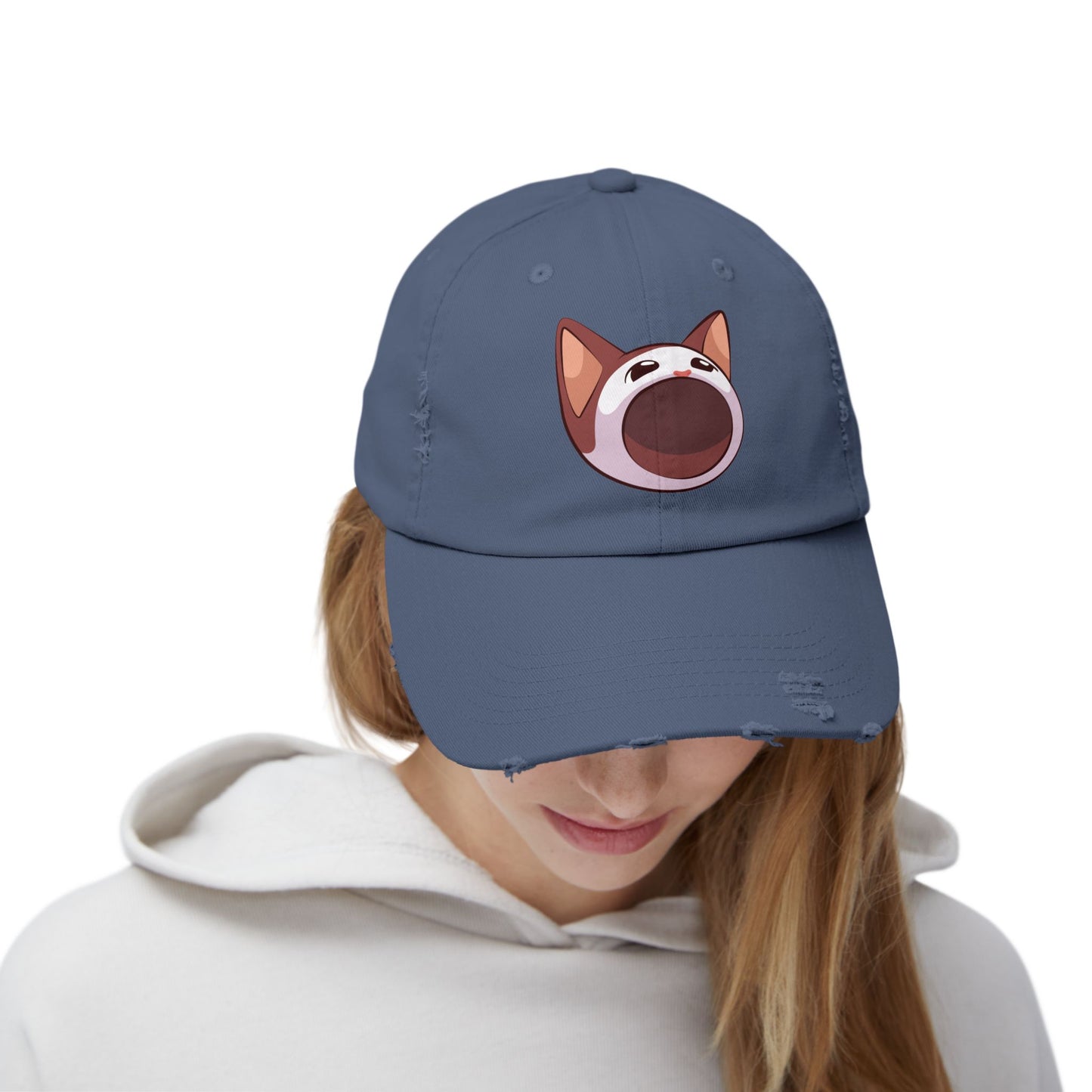 POPCAT Unisex Distressed Cap with Playful Cat Design, Funny Hat for Cat Lovers, Casual Accessory for Summer, Birthday Gift, Pet Enthusiast Cap