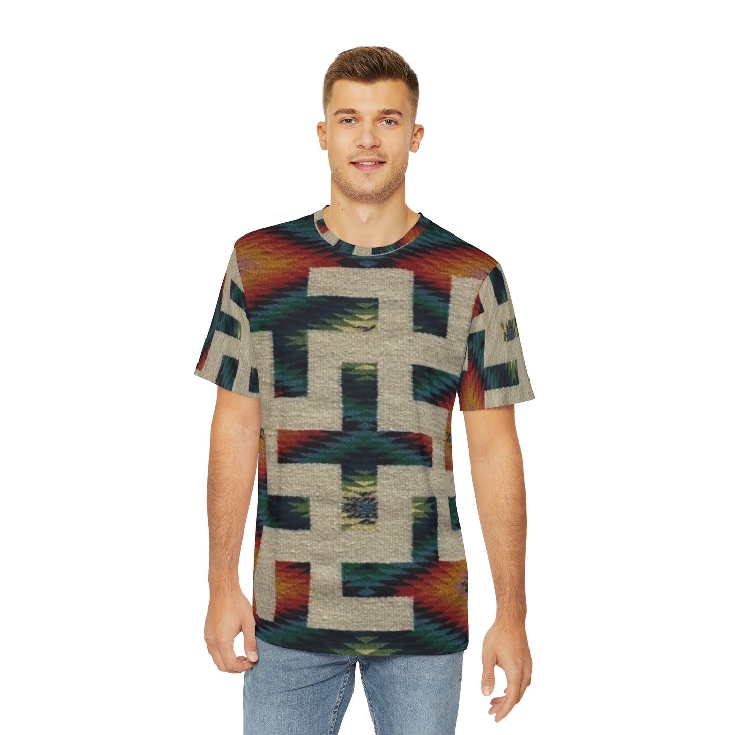 Yei Vibrant Geometric Tee, Boho Poly Tee for Men, Stylish Casual Wear, Unique Pattern Shirt, Summer Festival Outfit, Gift for Him