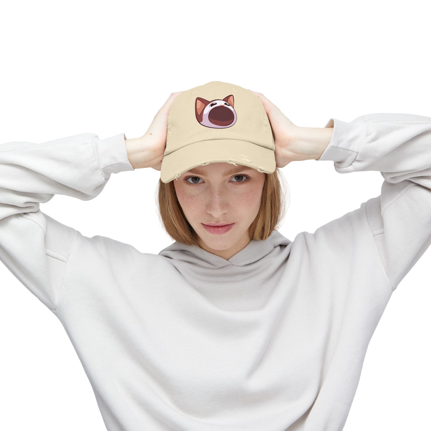 POPCAT Unisex Distressed Cap with Playful Cat Design, Funny Hat for Cat Lovers, Casual Accessory for Summer, Birthday Gift, Pet Enthusiast Cap