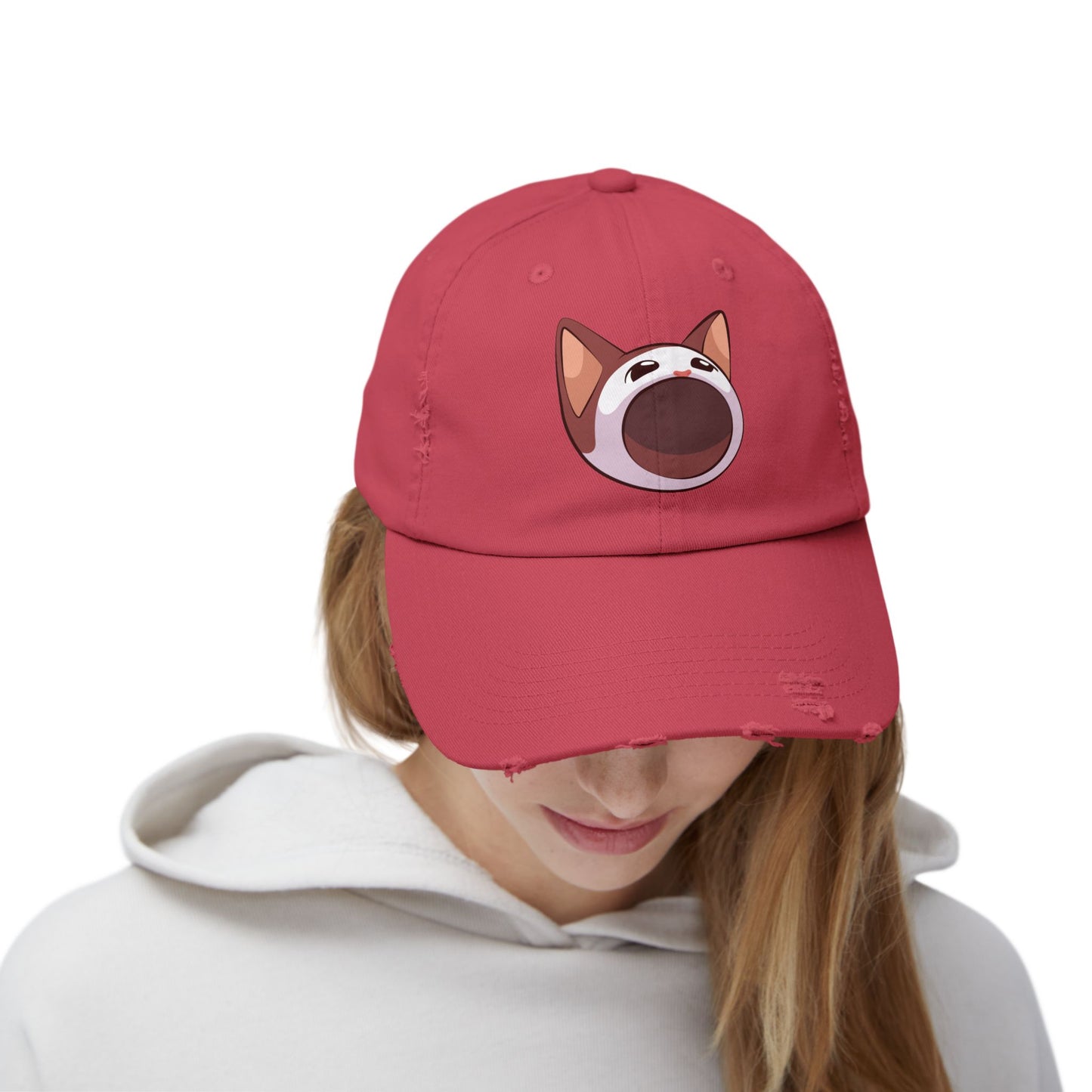 POPCAT Unisex Distressed Cap with Playful Cat Design, Funny Hat for Cat Lovers, Casual Accessory for Summer, Birthday Gift, Pet Enthusiast Cap