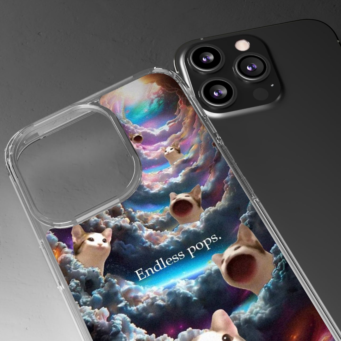 POPCAT Galaxy Cat Clear Phone Case, Cute Animal Phone Cover, Customizable Phone Accessory, Gift for Cat Lovers, Funny Phone Case