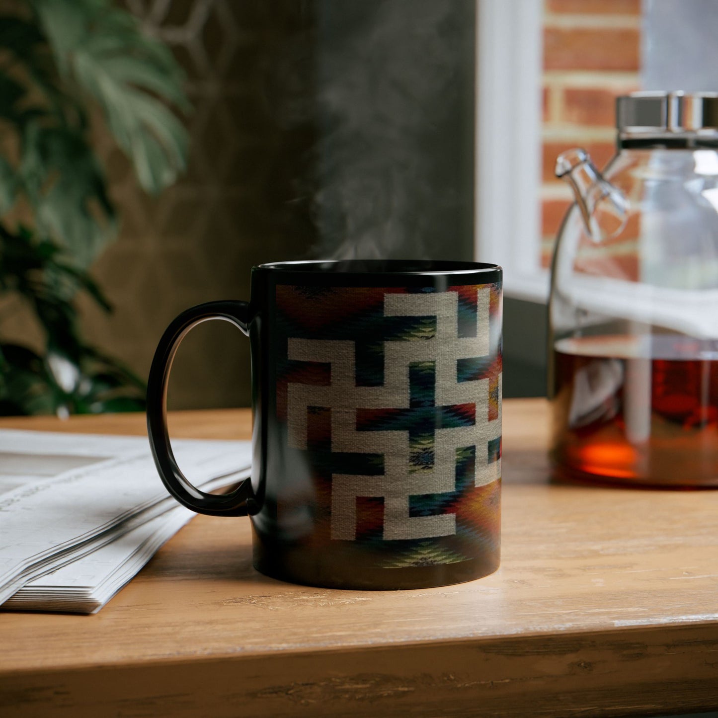 Yei Stylish Black Mug with Tribal Design, Perfect for Coffee Lovers, Gifts for Him/Her, Boho Home Decor, Unique Tea Mug, Customizable Drinkware