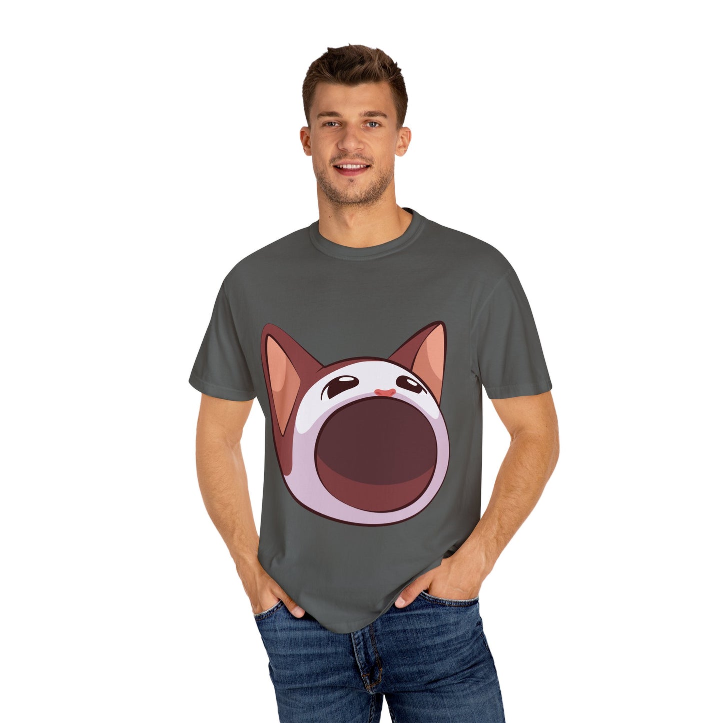 POPCAT Whimsical Cat Face T-Shirt, Unisex Garment-Dyed Tee for Cat Lovers, Cute Casual Wear, Gift for Pet Owners, Perfect for Everyday Style
