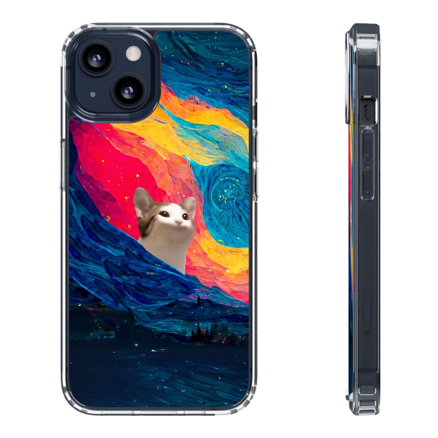 POPCAT Colorful Cat Phone Case, Artistic Clear Cases for Cat Lovers, Unique Gift, Customizable Phone Cover, Fun Pet Accessory, Vibrant Design
