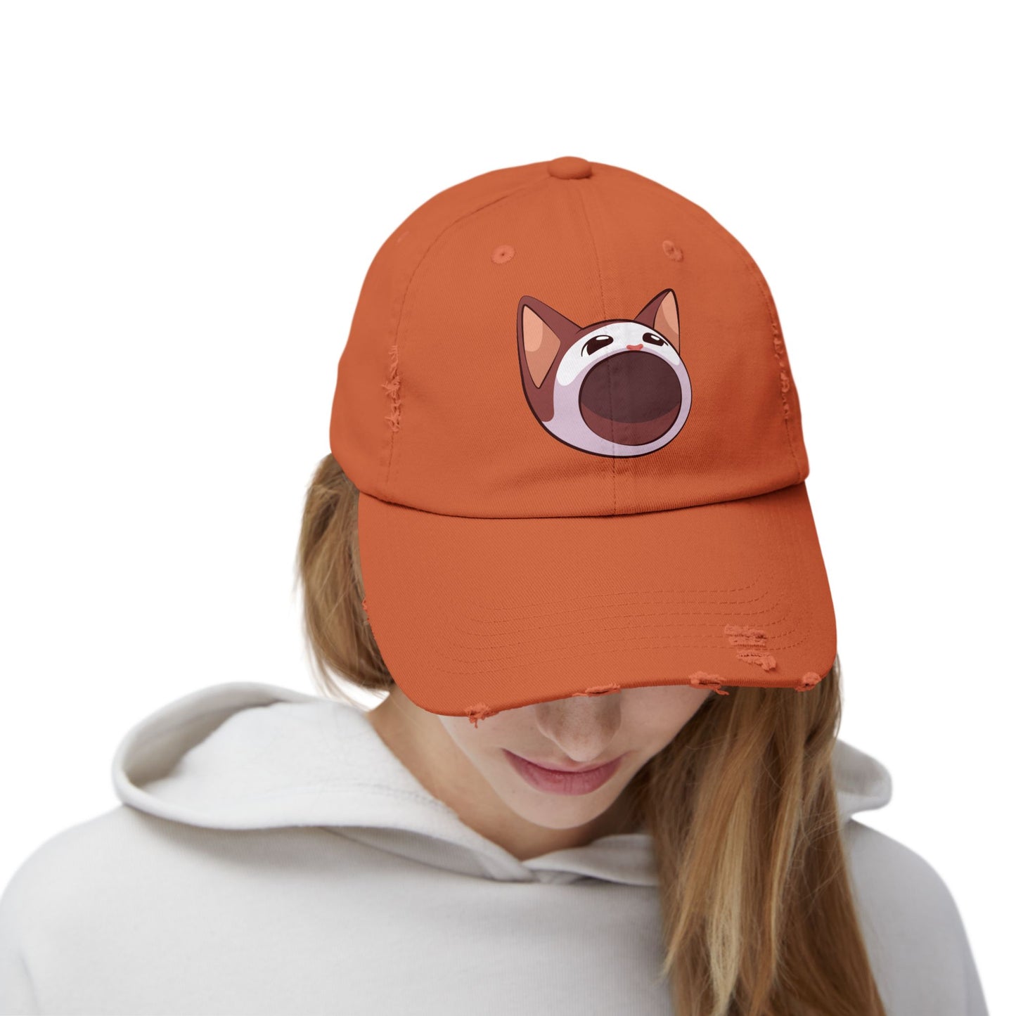 POPCAT Unisex Distressed Cap with Playful Cat Design, Funny Hat for Cat Lovers, Casual Accessory for Summer, Birthday Gift, Pet Enthusiast Cap