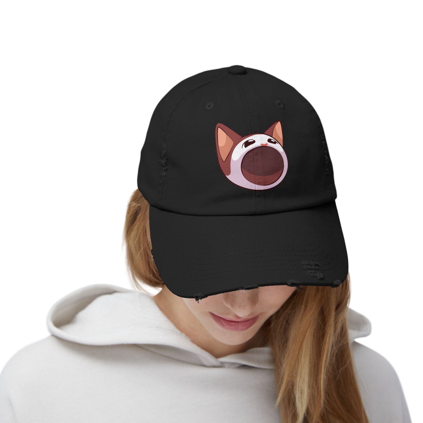 POPCAT Unisex Distressed Cap with Playful Cat Design, Funny Hat for Cat Lovers, Casual Accessory for Summer, Birthday Gift, Pet Enthusiast Cap