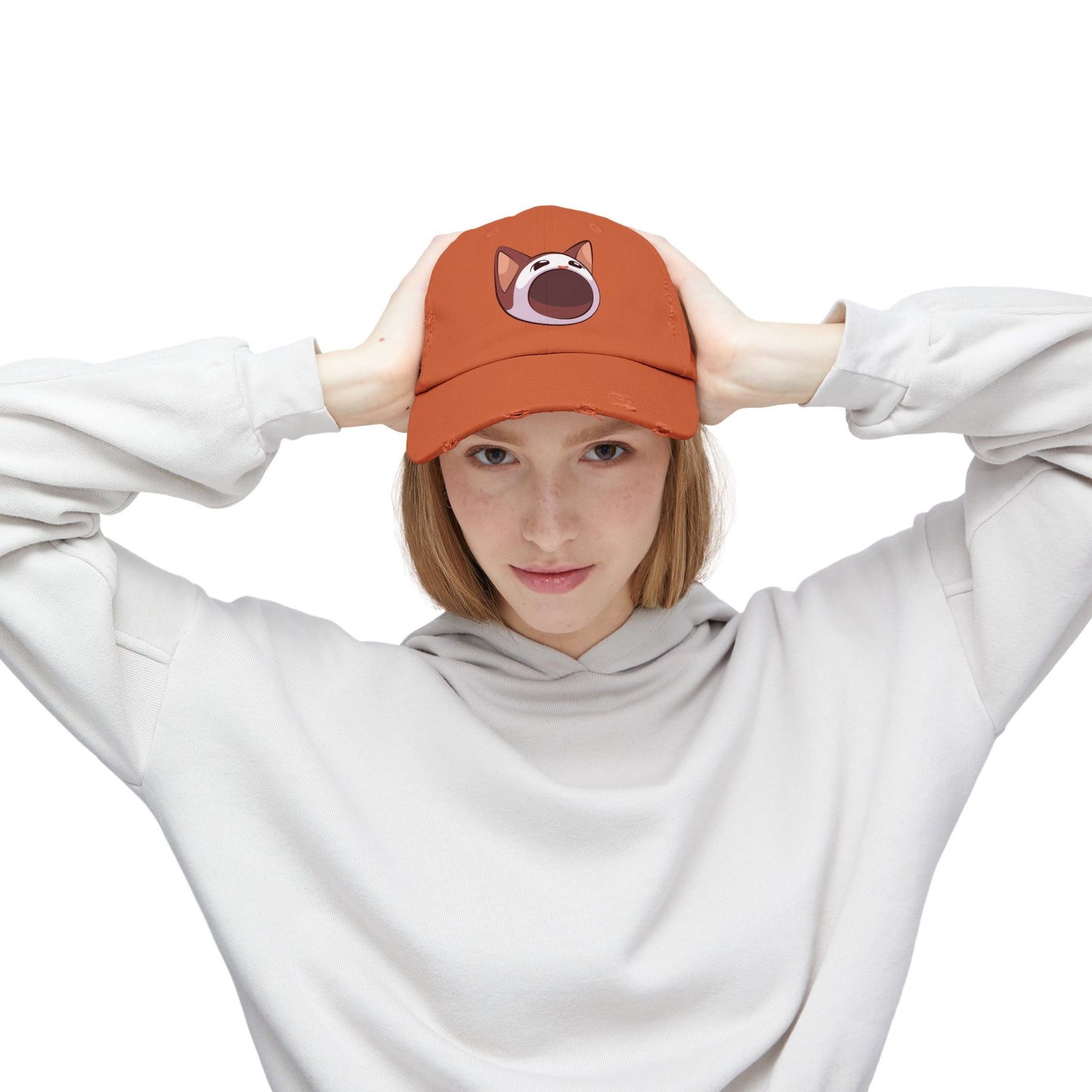POPCAT Unisex Distressed Cap with Playful Cat Design, Funny Hat for Cat Lovers, Casual Accessory for Summer, Birthday Gift, Pet Enthusiast Cap