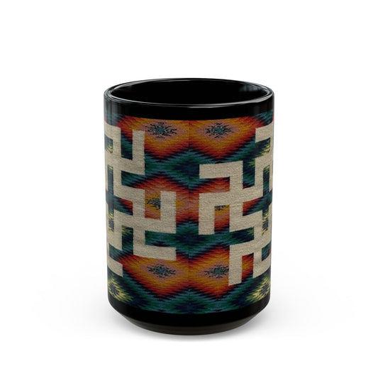 Yei Stylish Black Mug with Tribal Design, Perfect for Coffee Lovers, Gifts for Him/Her, Boho Home Decor, Unique Tea Mug, Customizable Drinkware
