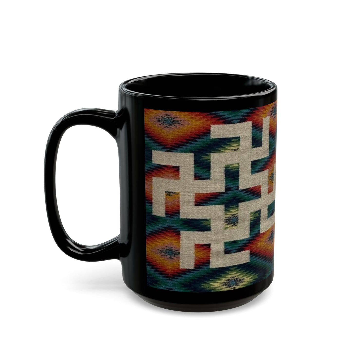 Yei Stylish Black Mug with Tribal Design, Perfect for Coffee Lovers, Gifts for Him/Her, Boho Home Decor, Unique Tea Mug, Customizable Drinkware