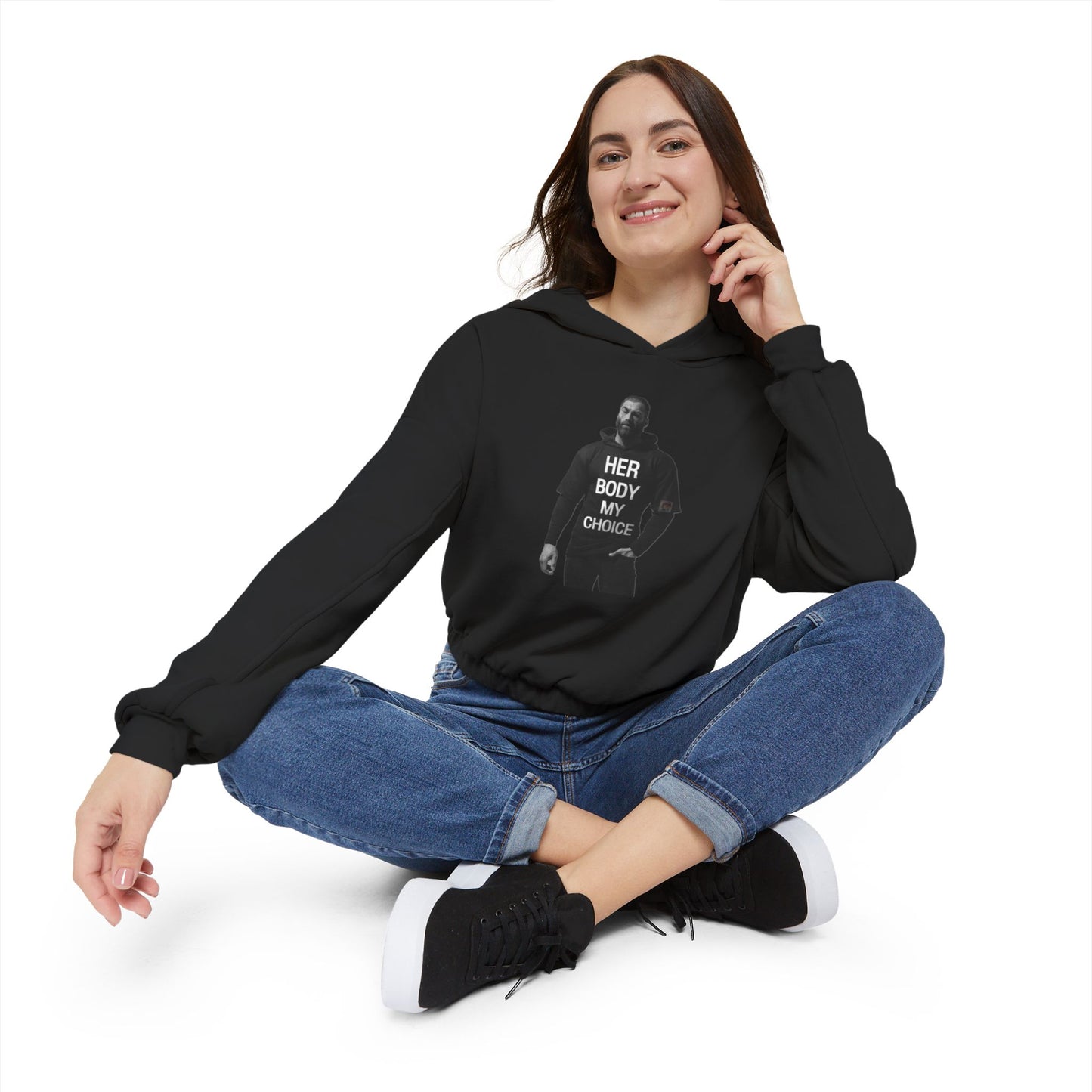 GIGA Empowering Women's Cinched Bottom Hoodie - Her Body My Choice, Feminist Apparel, Activist Fashion, Gift for Her, Casual Wear