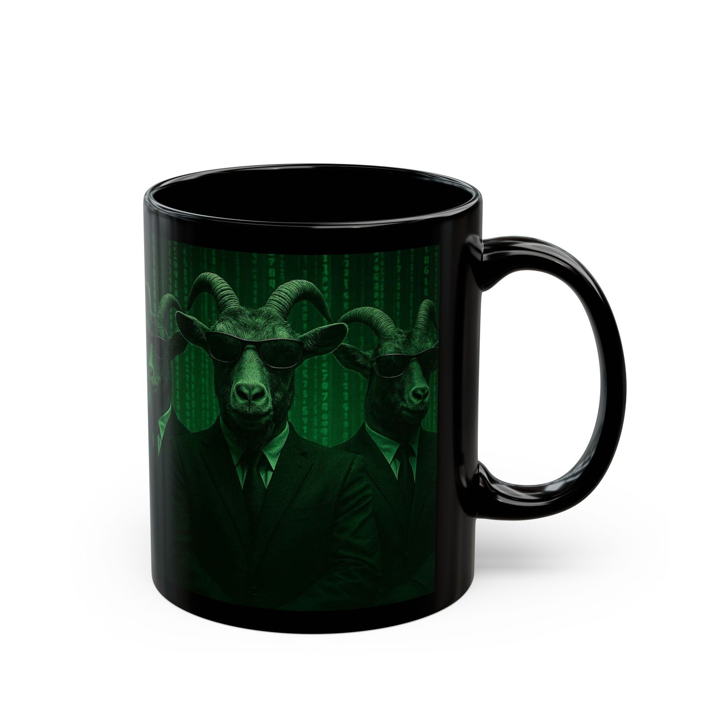 Matrix Goat Themed Black Mug, Unique Gift for Creatives, Coffee Lover's Necessity, Perfect for Halloween, Occasional Décor