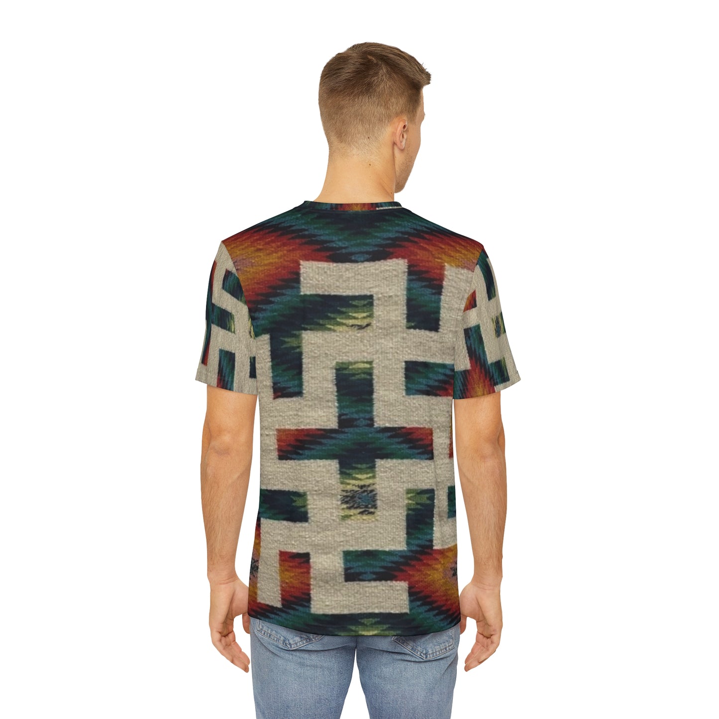 Yei Vibrant Geometric Tee, Boho Poly Tee for Men, Stylish Casual Wear, Unique Pattern Shirt, Summer Festival Outfit, Gift for Him