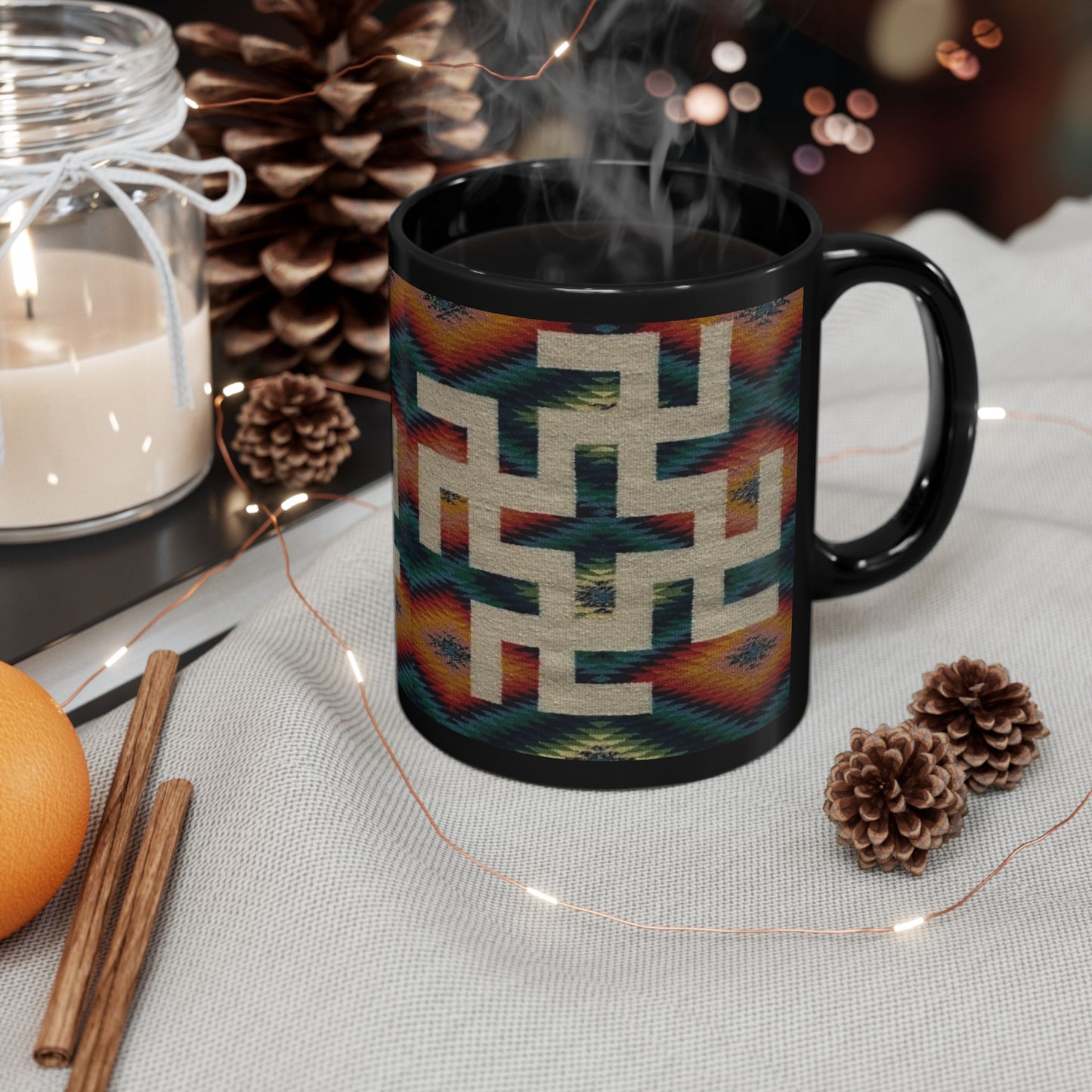 Yei Stylish Black Mug with Tribal Design, Perfect for Coffee Lovers, Gifts for Him/Her, Boho Home Decor, Unique Tea Mug, Customizable Drinkware
