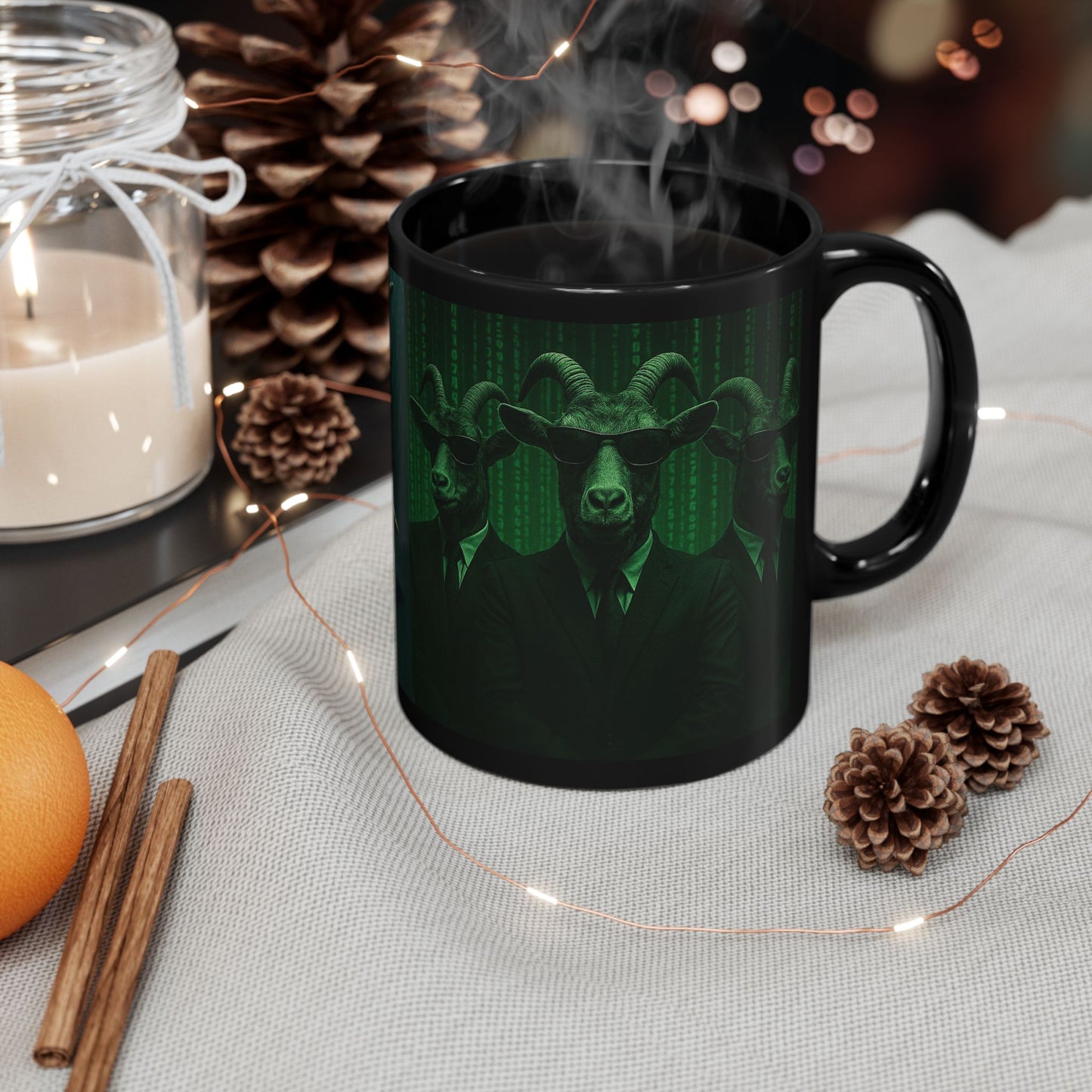 Matrix Goat Themed Black Mug, Unique Gift for Creatives, Coffee Lover's Necessity, Perfect for Halloween, Occasional Décor