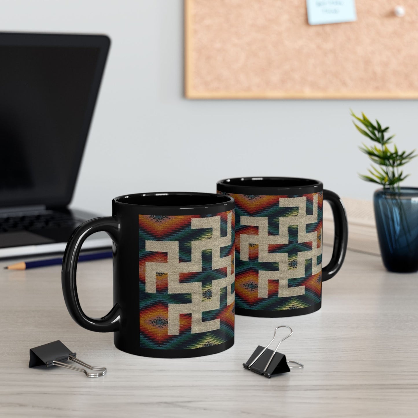 Yei Stylish Black Mug with Tribal Design, Perfect for Coffee Lovers, Gifts for Him/Her, Boho Home Decor, Unique Tea Mug, Customizable Drinkware