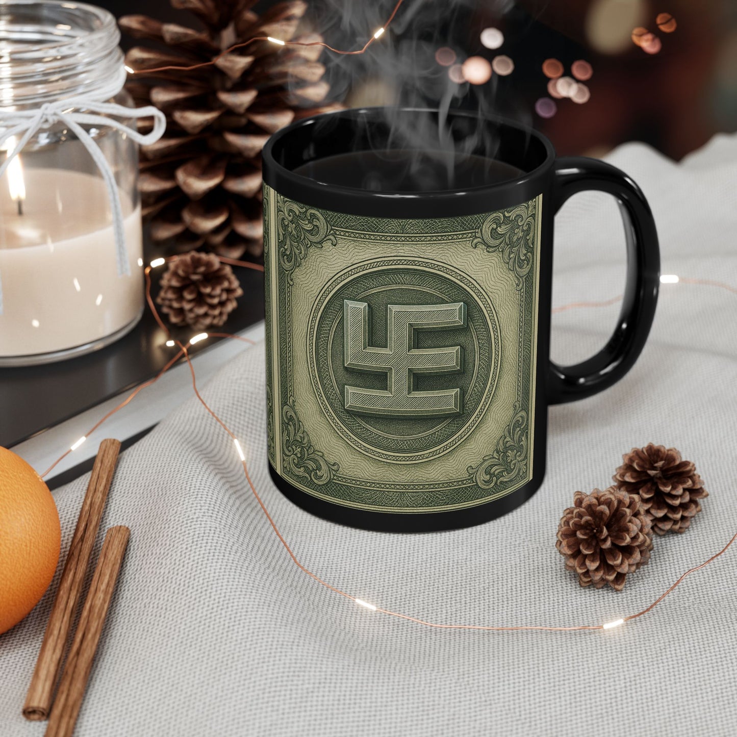 Swasticoin Unique Black Money Design Mug for Coffee Lovers, Funny Gift for Birthdays, Office Decor, Unique Collectible