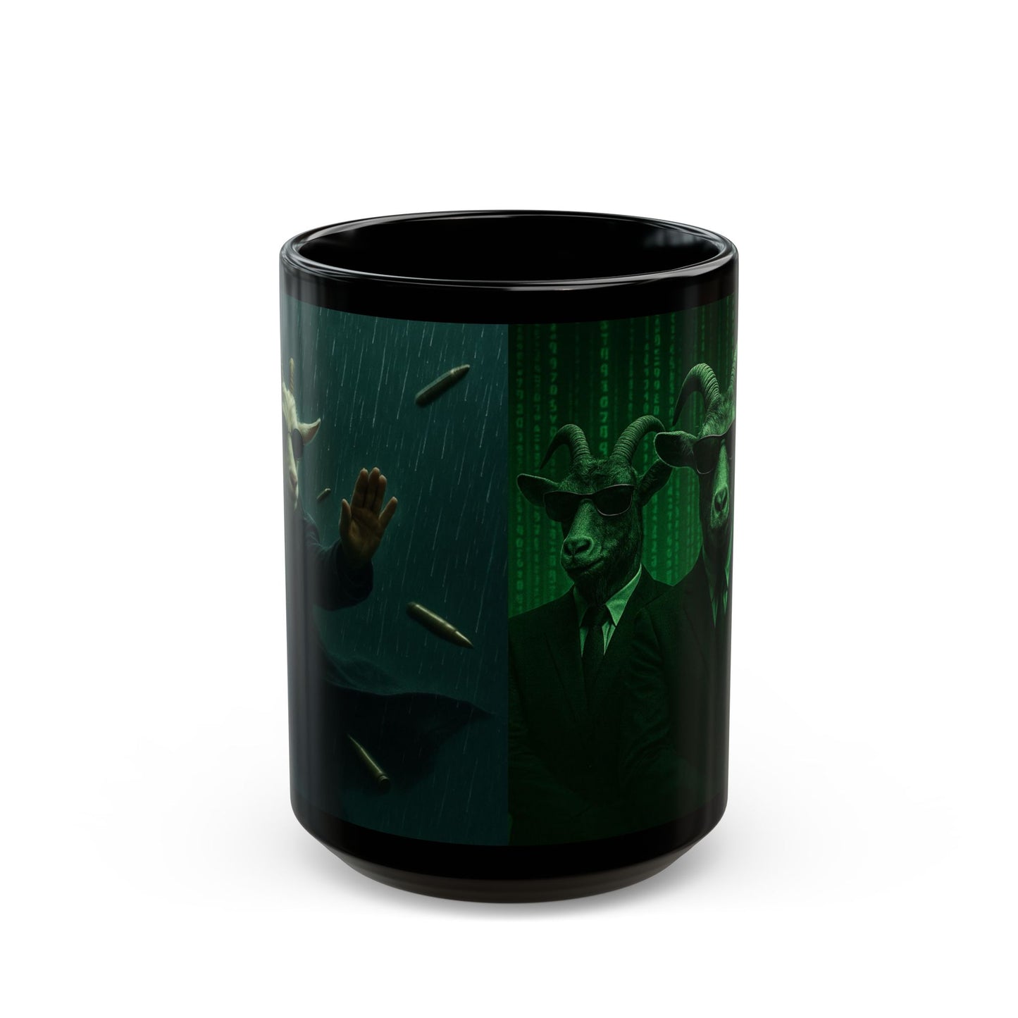 Matrix Goat Themed Black Mug, Unique Gift for Creatives, Coffee Lover's Necessity, Perfect for Halloween, Occasional Décor