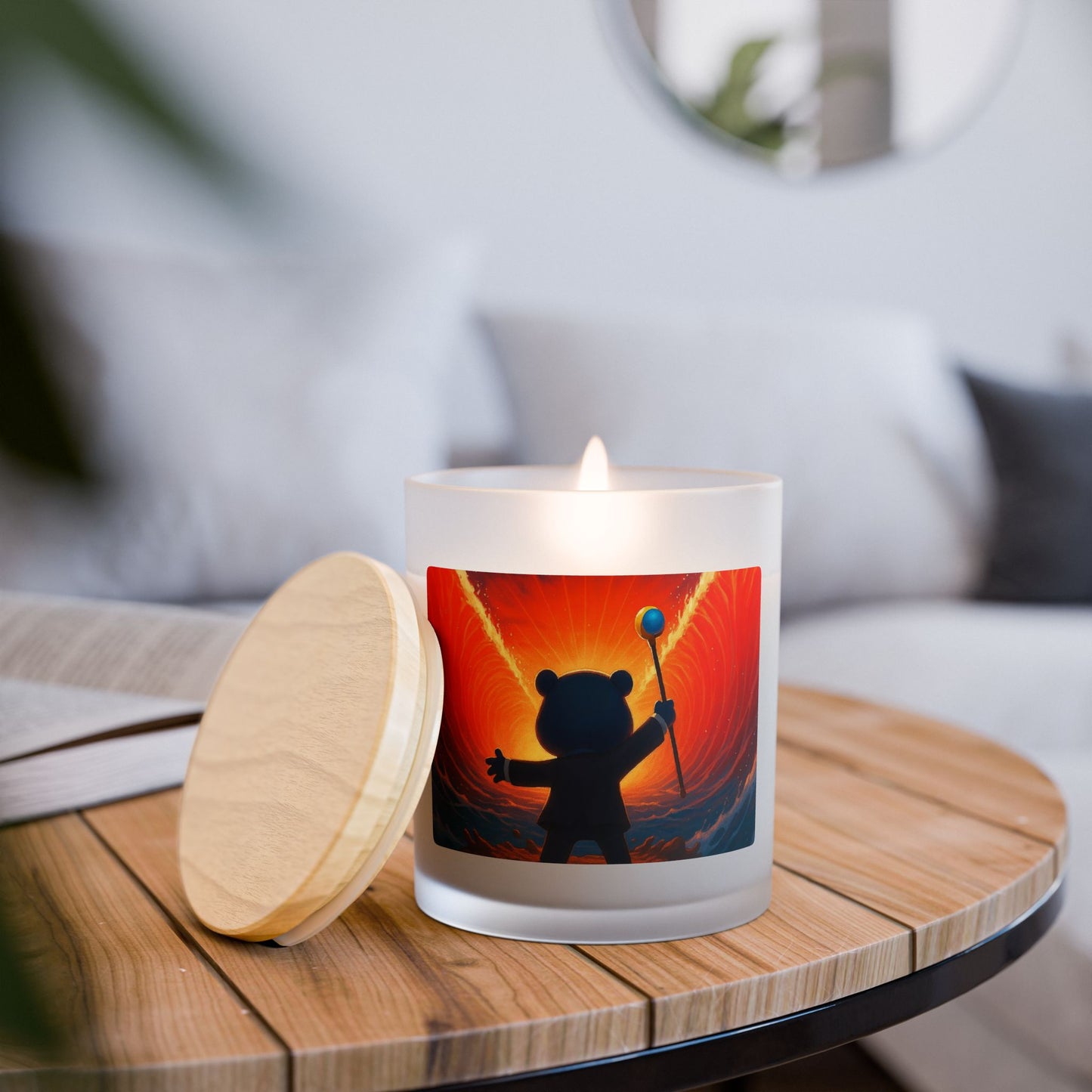 4NBT Whimsical Frosted Glass Candle - Bear with Staff Design, Relaxation Gift, Home Decor, Meditation Candle, Cozy Ambiance