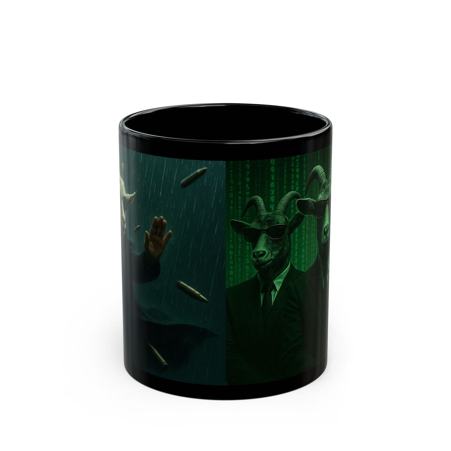 Matrix Goat Themed Black Mug, Unique Gift for Creatives, Coffee Lover's Necessity, Perfect for Halloween, Occasional Décor