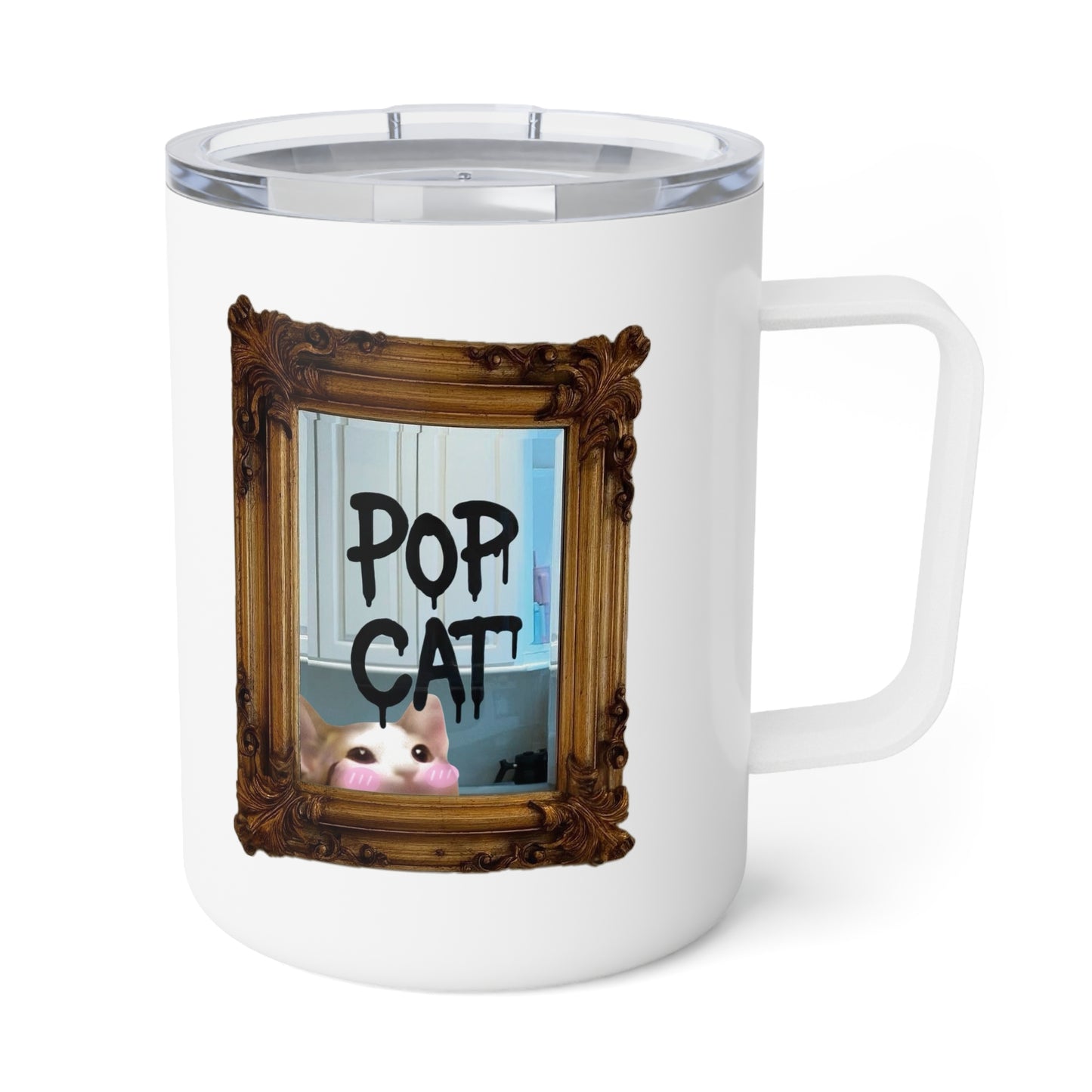 POPCAT Insulated Coffee Mug, Funny Coffee Cup, Animal Lover Gift, Cat Lover Mug, Personalized Coffee Tumbler