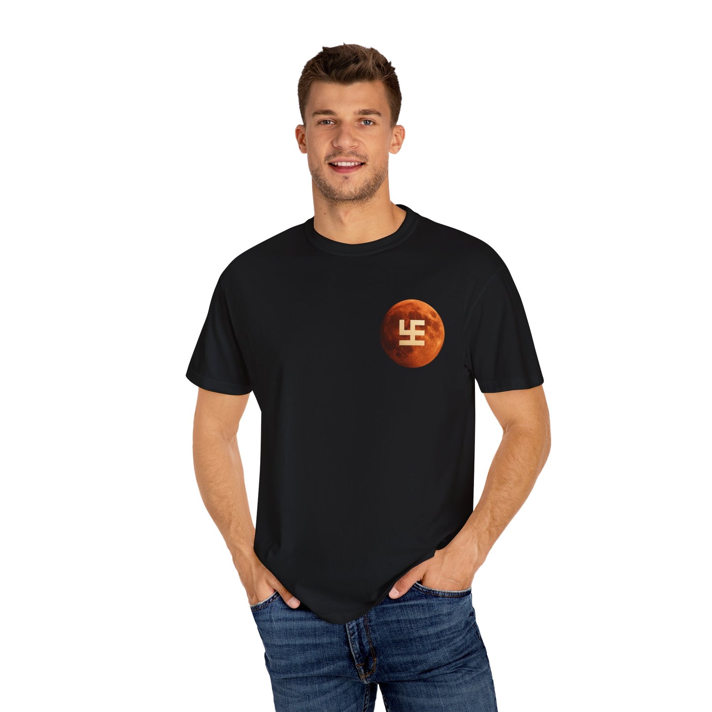 Swasticoin Cosmic Unisex T-Shirt with Moon Design, Perfect for Everyday Wear, Casual Outings, Gifts for Space Enthusiasts, and Eco-friendly Fashion