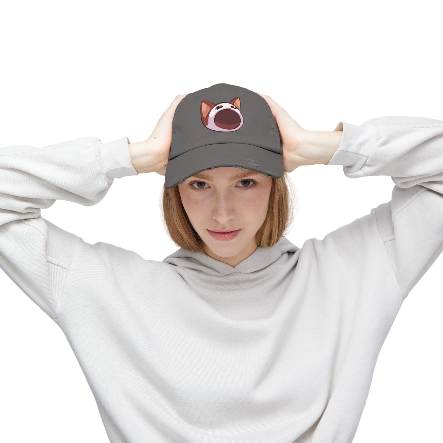 POPCAT Unisex Distressed Cap with Playful Cat Design, Funny Hat for Cat Lovers, Casual Accessory for Summer, Birthday Gift, Pet Enthusiast Cap