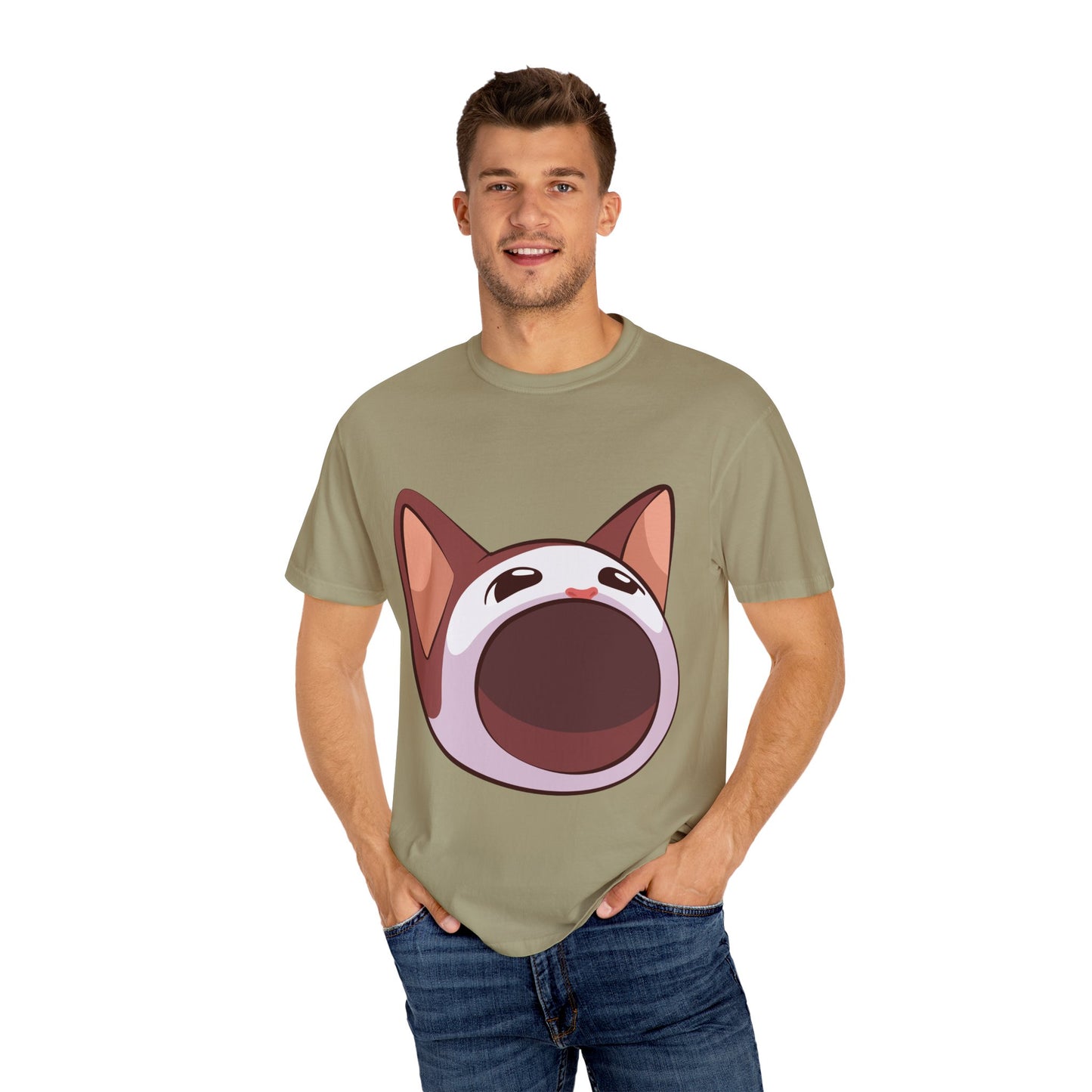 POPCAT Whimsical Cat Face T-Shirt, Unisex Garment-Dyed Tee for Cat Lovers, Cute Casual Wear, Gift for Pet Owners, Perfect for Everyday Style
