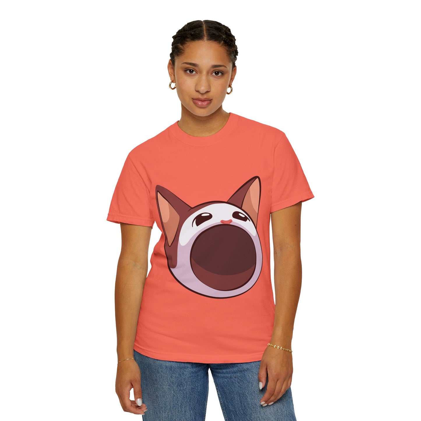 POPCAT Whimsical Cat Face T-Shirt, Unisex Garment-Dyed Tee for Cat Lovers, Cute Casual Wear, Gift for Pet Owners, Perfect for Everyday Style