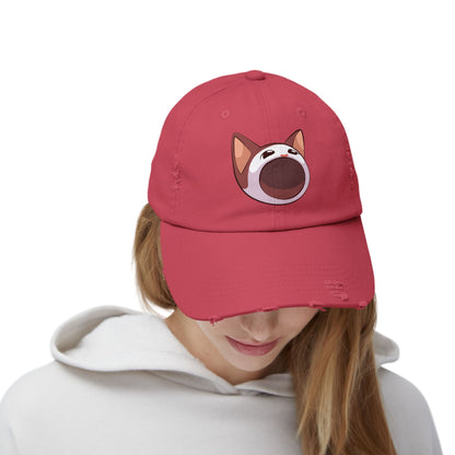 POPCAT Unisex Distressed Cap with Playful Cat Design, Funny Hat for Cat Lovers, Casual Accessory for Summer, Birthday Gift, Pet Enthusiast Cap