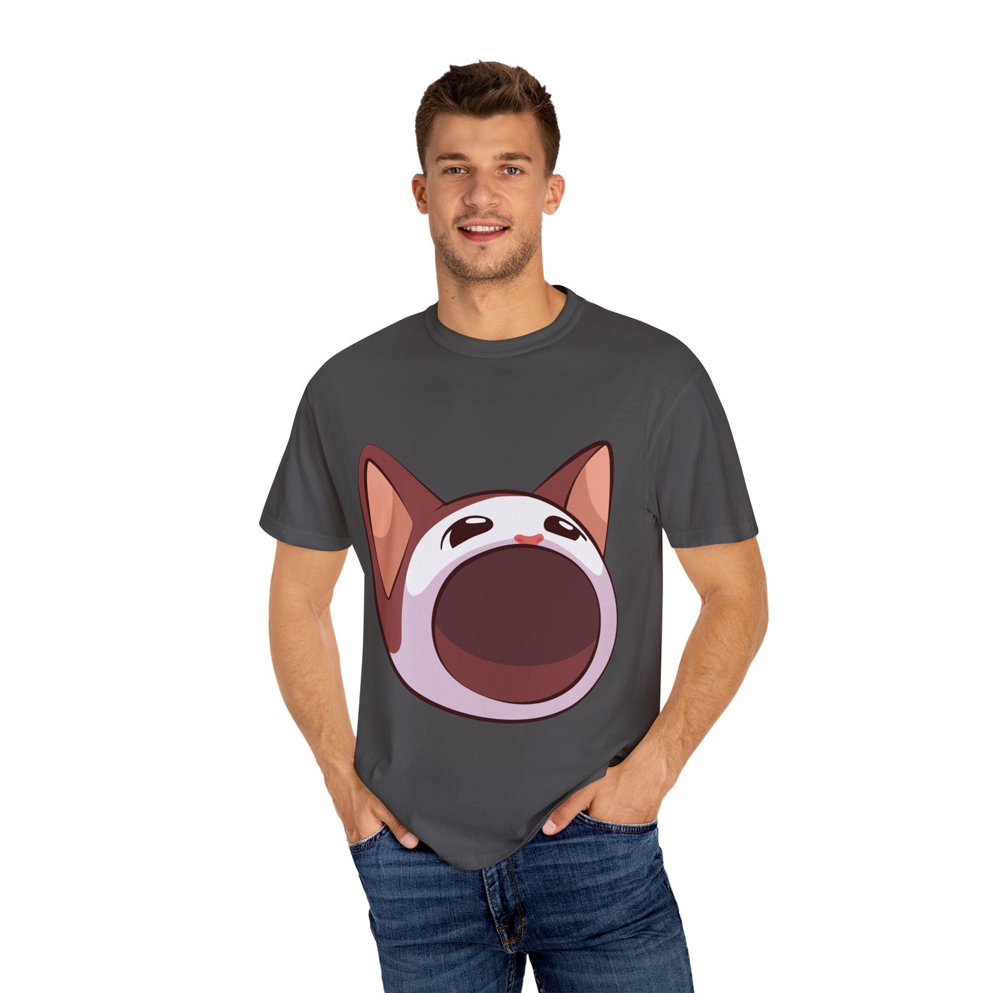 POPCAT Whimsical Cat Face T-Shirt, Unisex Garment-Dyed Tee for Cat Lovers, Cute Casual Wear, Gift for Pet Owners, Perfect for Everyday Style