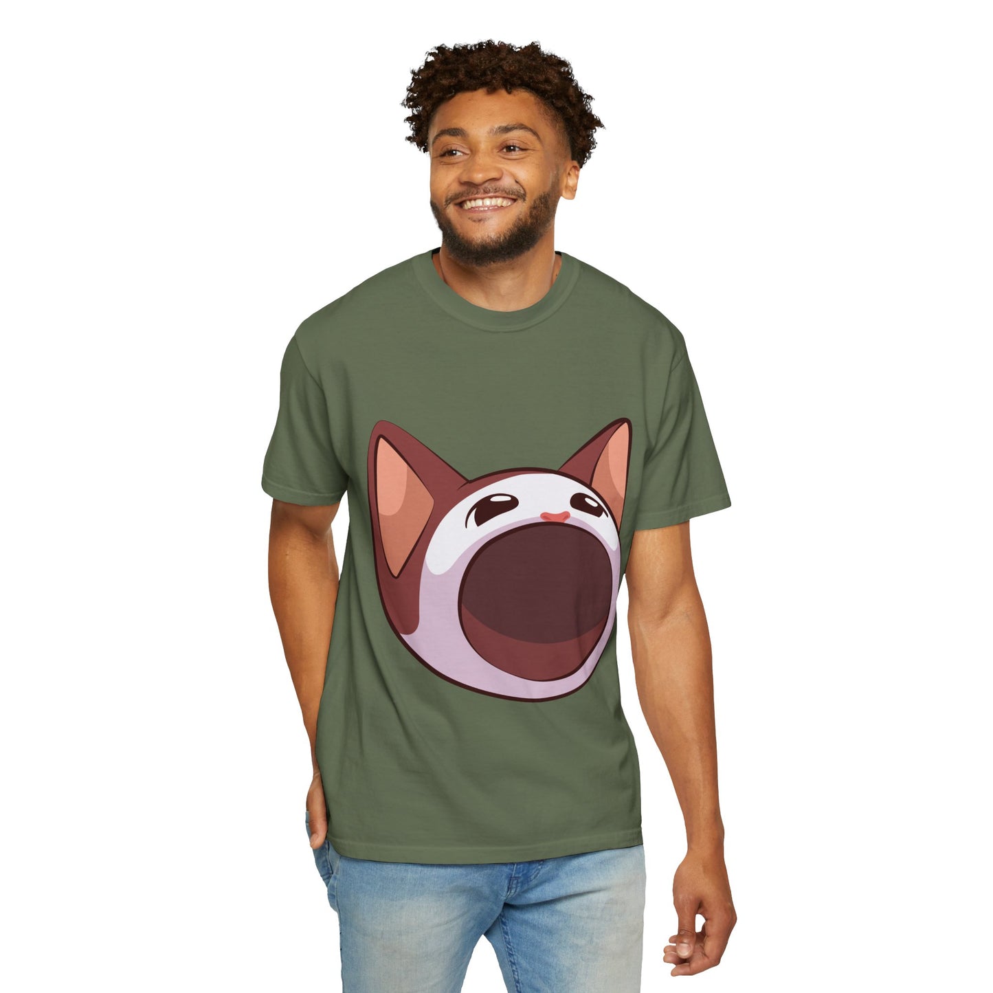 POPCAT Whimsical Cat Face T-Shirt, Unisex Garment-Dyed Tee for Cat Lovers, Cute Casual Wear, Gift for Pet Owners, Perfect for Everyday Style