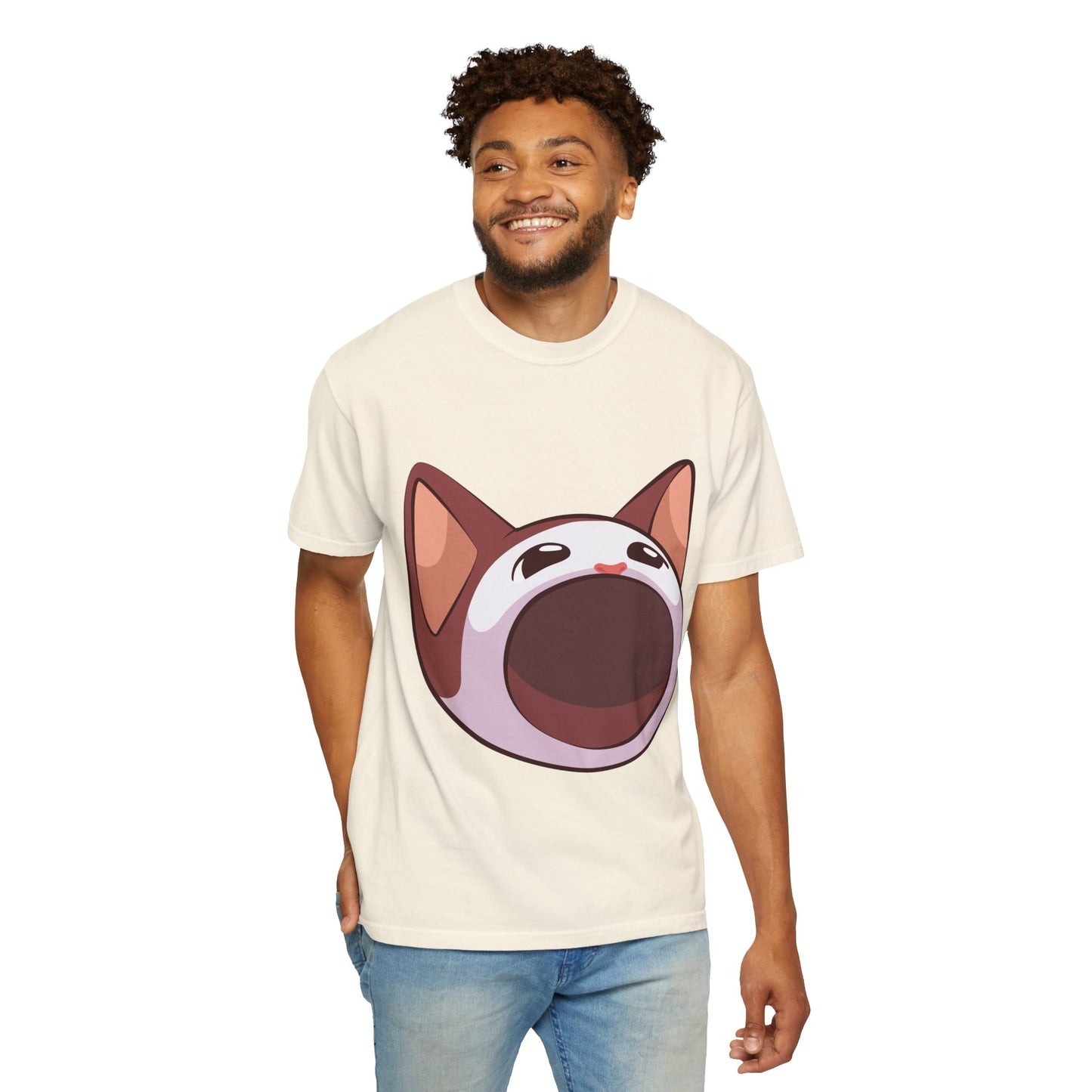 POPCAT Whimsical Cat Face T-Shirt, Unisex Garment-Dyed Tee for Cat Lovers, Cute Casual Wear, Gift for Pet Owners, Perfect for Everyday Style