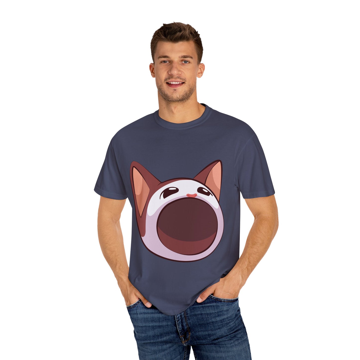 POPCAT Whimsical Cat Face T-Shirt, Unisex Garment-Dyed Tee for Cat Lovers, Cute Casual Wear, Gift for Pet Owners, Perfect for Everyday Style