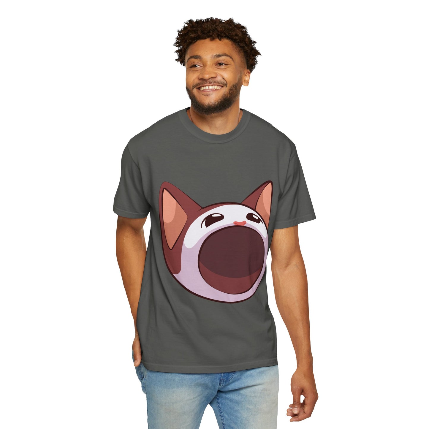 POPCAT Whimsical Cat Face T-Shirt, Unisex Garment-Dyed Tee for Cat Lovers, Cute Casual Wear, Gift for Pet Owners, Perfect for Everyday Style