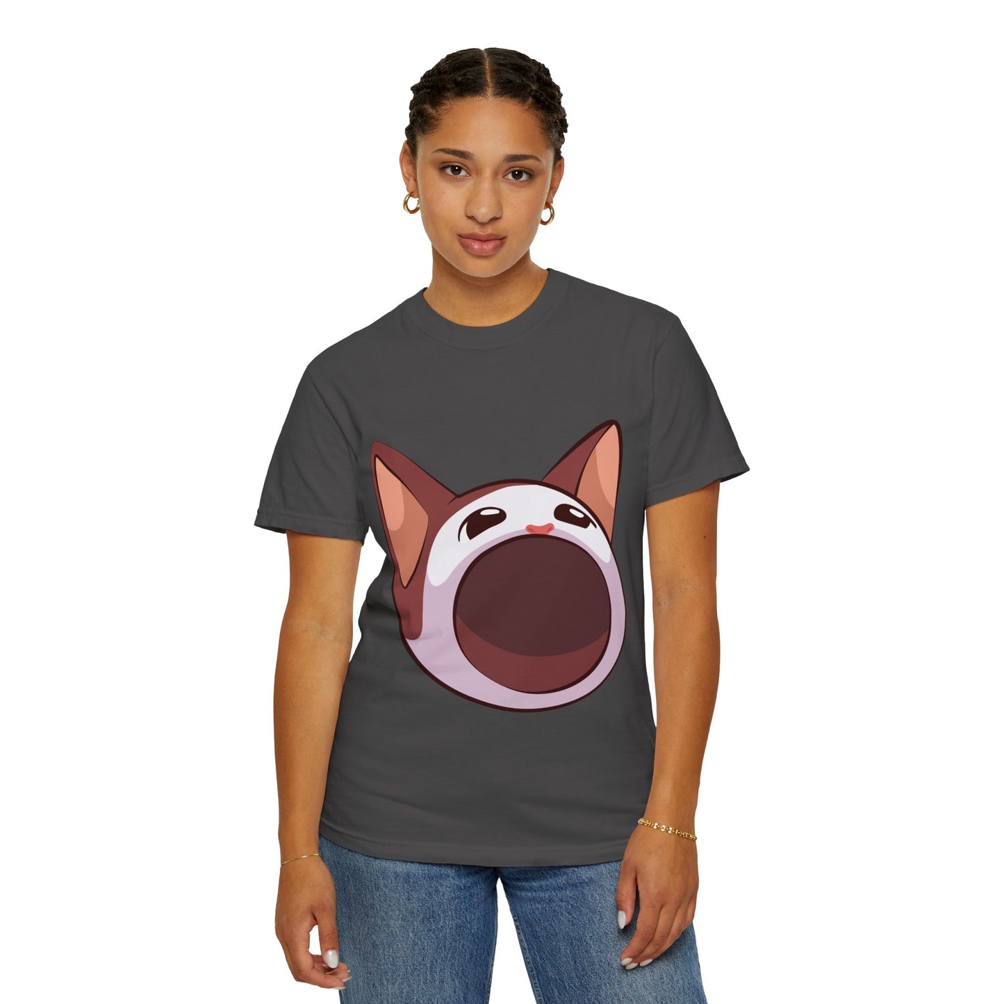 POPCAT Whimsical Cat Face T-Shirt, Unisex Garment-Dyed Tee for Cat Lovers, Cute Casual Wear, Gift for Pet Owners, Perfect for Everyday Style
