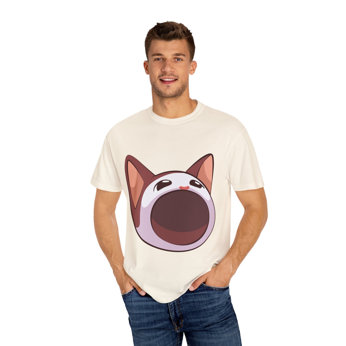 POPCAT Whimsical Cat Face T-Shirt, Unisex Garment-Dyed Tee for Cat Lovers, Cute Casual Wear, Gift for Pet Owners, Perfect for Everyday Style