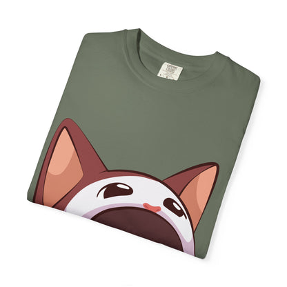 POPCAT Whimsical Cat Face T-Shirt, Unisex Garment-Dyed Tee for Cat Lovers, Cute Casual Wear, Gift for Pet Owners, Perfect for Everyday Style