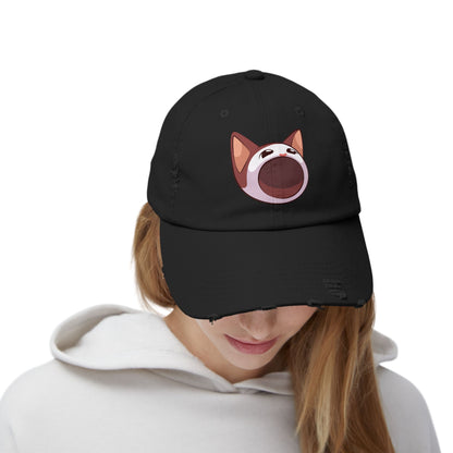 POPCAT Unisex Distressed Cap with Playful Cat Design, Funny Hat for Cat Lovers, Casual Accessory for Summer, Birthday Gift, Pet Enthusiast Cap