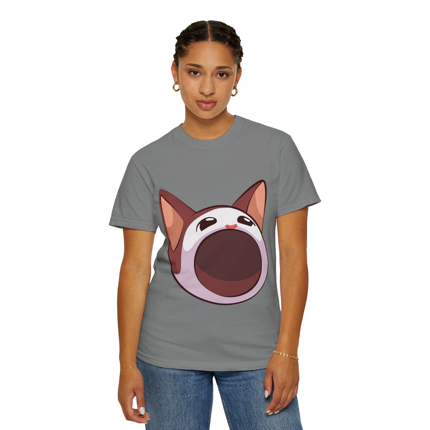 POPCAT Whimsical Cat Face T-Shirt, Unisex Garment-Dyed Tee for Cat Lovers, Cute Casual Wear, Gift for Pet Owners, Perfect for Everyday Style