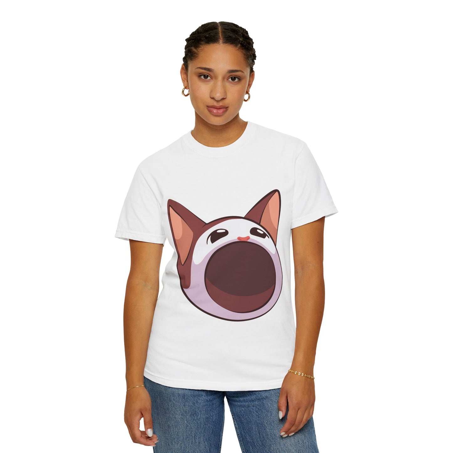 POPCAT Whimsical Cat Face T-Shirt, Unisex Garment-Dyed Tee for Cat Lovers, Cute Casual Wear, Gift for Pet Owners, Perfect for Everyday Style