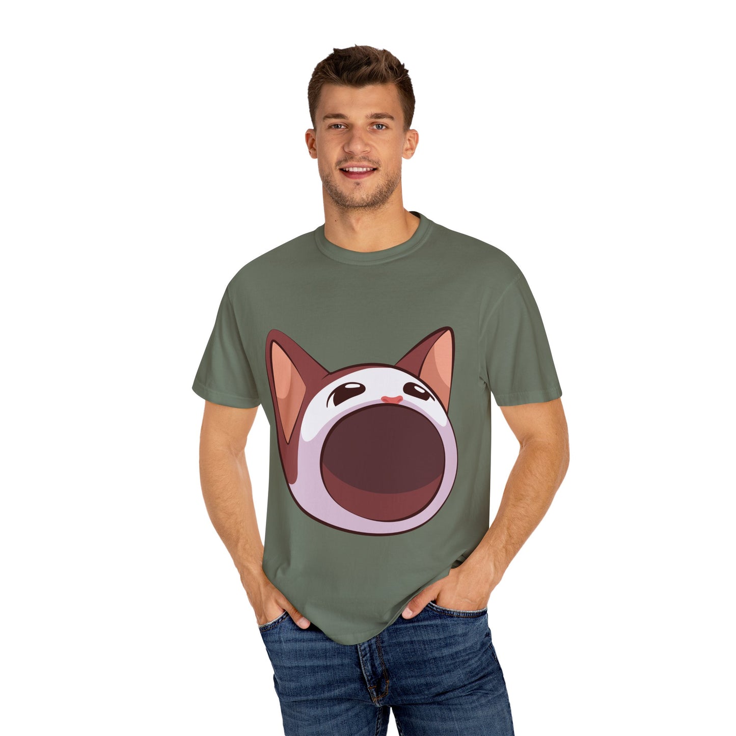 POPCAT Whimsical Cat Face T-Shirt, Unisex Garment-Dyed Tee for Cat Lovers, Cute Casual Wear, Gift for Pet Owners, Perfect for Everyday Style