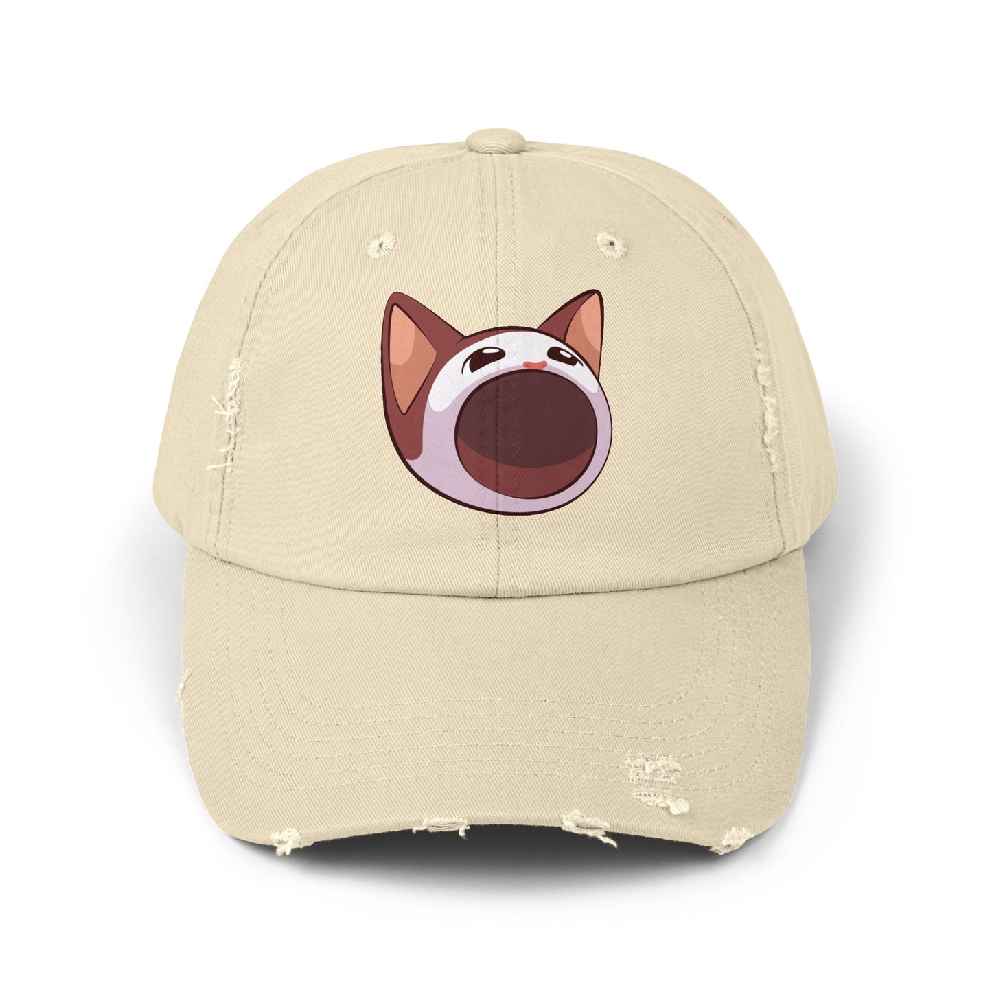 POPCAT Unisex Distressed Cap with Playful Cat Design, Funny Hat for Cat Lovers, Casual Accessory for Summer, Birthday Gift, Pet Enthusiast Cap
