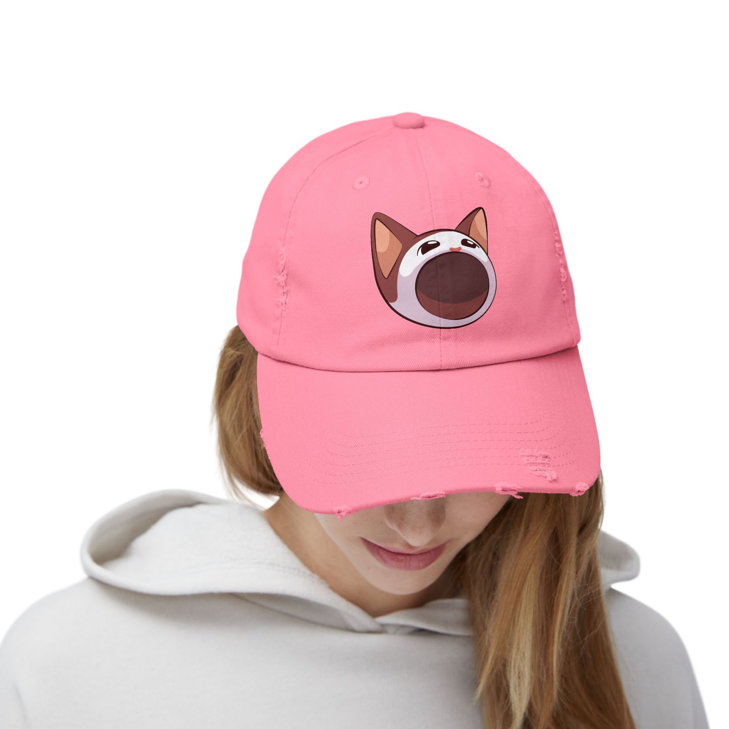 POPCAT Unisex Distressed Cap with Playful Cat Design, Funny Hat for Cat Lovers, Casual Accessory for Summer, Birthday Gift, Pet Enthusiast Cap