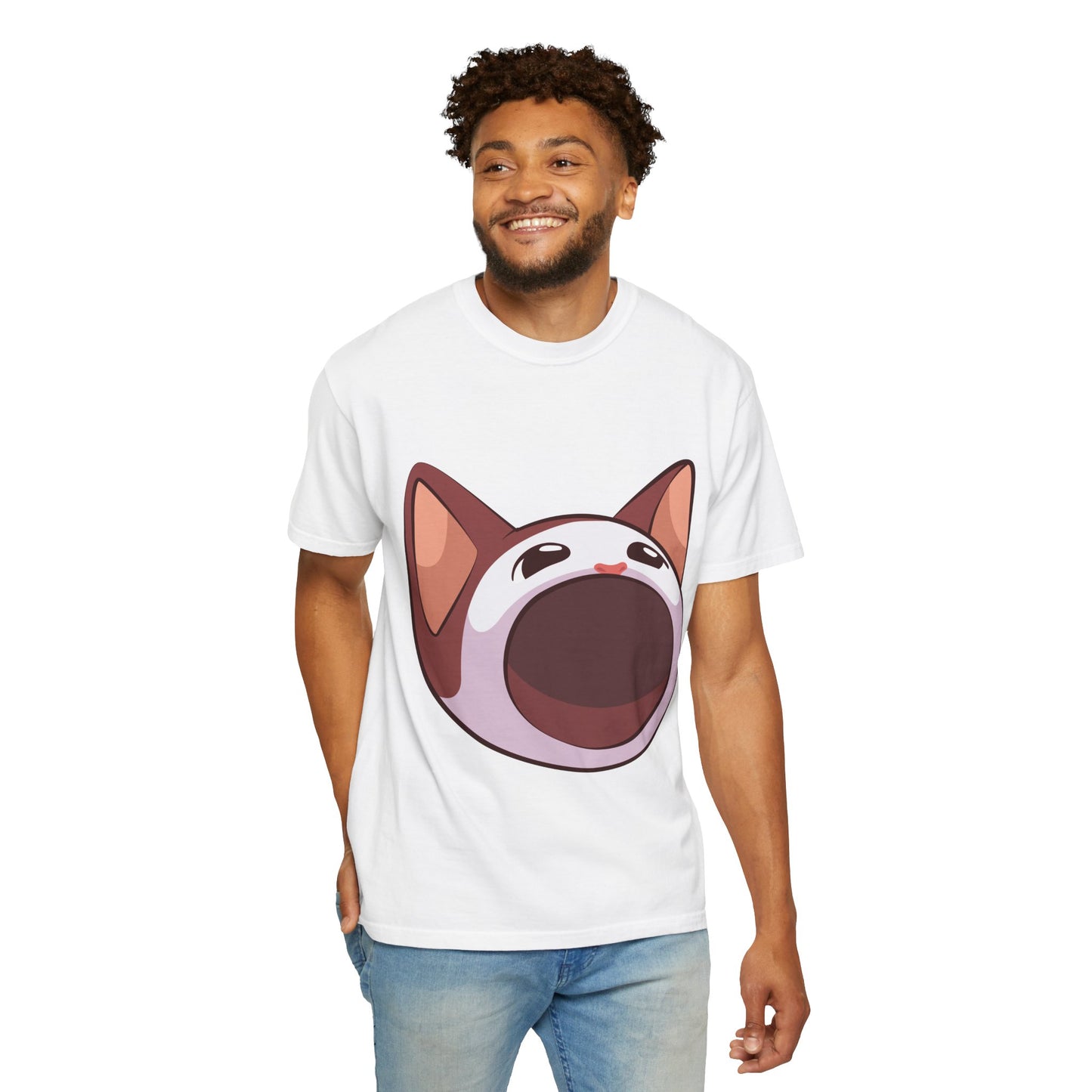 POPCAT Whimsical Cat Face T-Shirt, Unisex Garment-Dyed Tee for Cat Lovers, Cute Casual Wear, Gift for Pet Owners, Perfect for Everyday Style