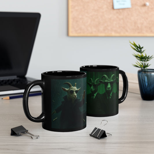 Matrix Goat Themed Black Mug, Unique Gift for Creatives, Coffee Lover's Necessity, Perfect for Halloween, Occasional Décor