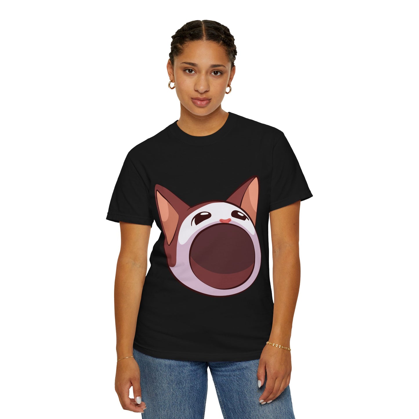 POPCAT Whimsical Cat Face T-Shirt, Unisex Garment-Dyed Tee for Cat Lovers, Cute Casual Wear, Gift for Pet Owners, Perfect for Everyday Style