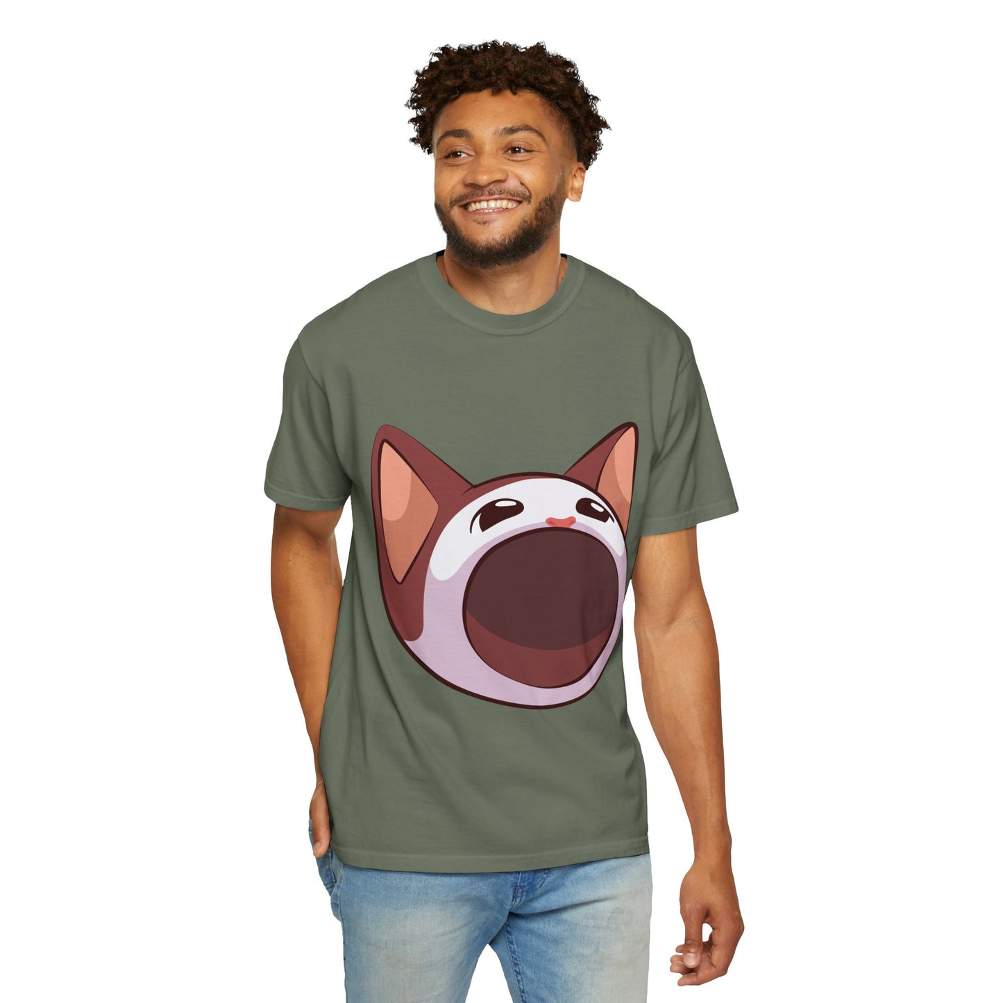 POPCAT Whimsical Cat Face T-Shirt, Unisex Garment-Dyed Tee for Cat Lovers, Cute Casual Wear, Gift for Pet Owners, Perfect for Everyday Style