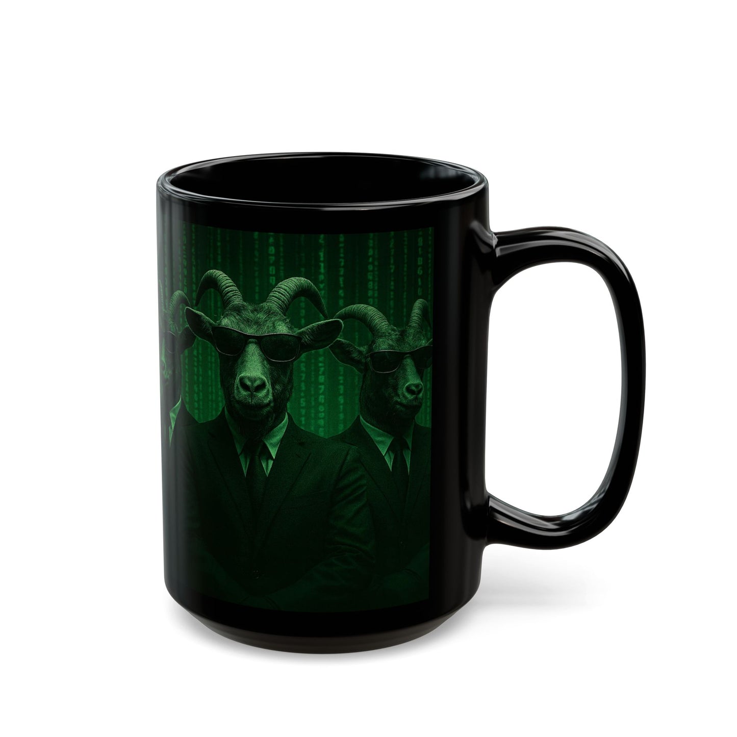 Matrix Goat Themed Black Mug, Unique Gift for Creatives, Coffee Lover's Necessity, Perfect for Halloween, Occasional Décor