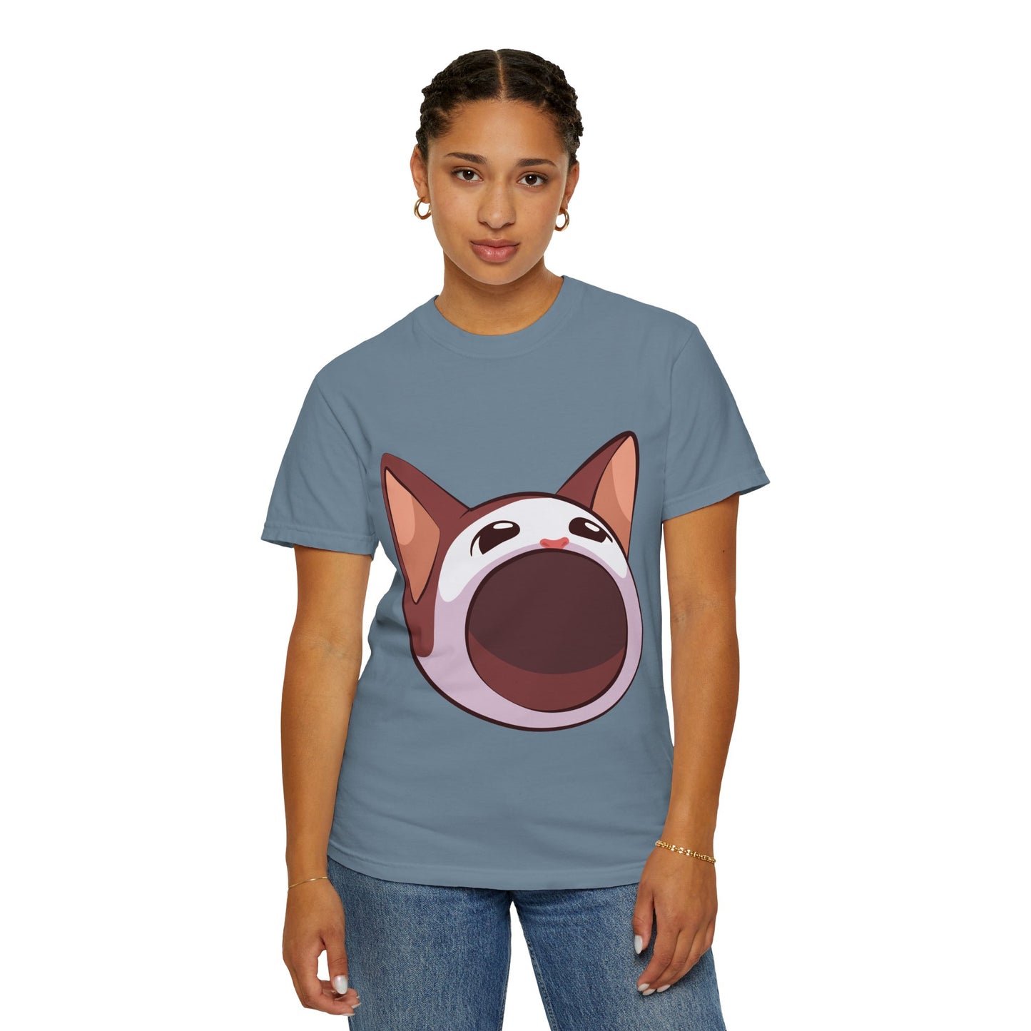 POPCAT Whimsical Cat Face T-Shirt, Unisex Garment-Dyed Tee for Cat Lovers, Cute Casual Wear, Gift for Pet Owners, Perfect for Everyday Style